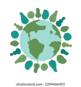 Our Planet Earth with trees. Concept to protect our planet, clean green ecology. Vector illustration in a flat style. Isolated on a white background.