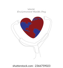Our planet, our health. World Environment Health Day 2023 concept background. Earth inside heart shape with continuous line drawing doctor stethoscope. Vector, illustration.