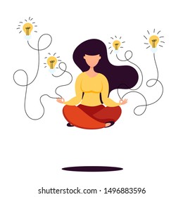 Our planet sleeps. Flat design vector illustration of girl levitates with luminous bulbs in the air. Concept for generating ideas for work projects. Girl meditates in the lotus pose.