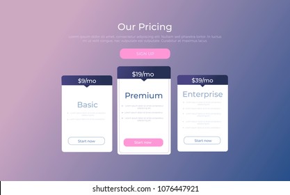 Our price plan . Three Different Categories of Money pricing. Choise premium. Vector flat gradient design