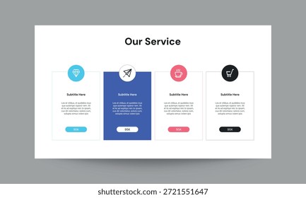 Nuestra Plantilla de presentación de diapositivas de servicio con un diseño limpio, moderno y profesional. Adecuado para presentar servicios de la empresa, ofertas de servicios, soluciones comerciales y capacidades corporativas en presentaciones y perfiles de empresa. Ilustración vectorial totalmente editable diseñada para uso profesional de negocios.