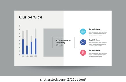 Nuestra Plantilla de presentación de diapositivas de servicio con un diseño limpio, moderno y profesional. Adecuado para presentar servicios de la empresa, ofertas de servicios, soluciones comerciales y capacidades corporativas en presentaciones y perfiles de empresa. Ilustración vectorial totalmente editable diseñada para uso profesional de negocios.