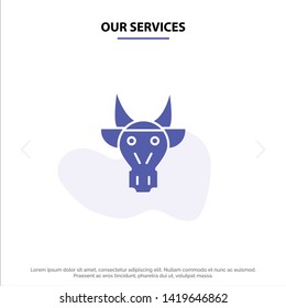 Our Services Adornment, Animals, Bull, Indian, Skull Solid Glyph Icon Web card Template