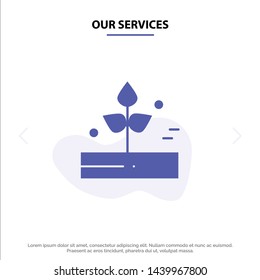 Our Services Agriculture, Leaf, Plant, Rain, Rainy Solid Glyph Icon Web card Template