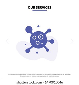 Our Services Atom, Molecule, Science Solid Glyph Icon Web card Template. Vector Icon Template background
