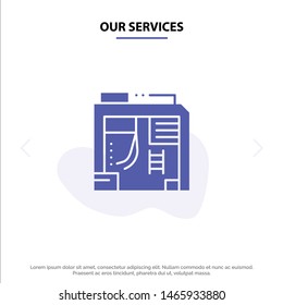 Our Services Atx, Box, Case, Computer Solid Glyph Icon Web card Template. Vector Icon Template background