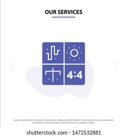 Our Services Audio, Design, Development, Engineering, Process Solid Glyph Icon Web card Template