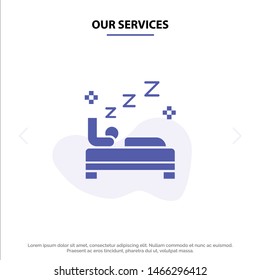Our Services Bed, Bedroom, Clean, Cleaning Solid Glyph Icon Web card Template. Vector Icon Template background