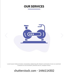 Our Services Bicycle, Cycle, Exercise, Bike, Fitness Solid Glyph Icon Web card Template