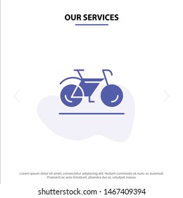 Our Services Bicycle, Movement, Walk, Sport Solid Glyph Icon Web card Template. Vector Icon Template background