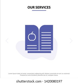 Our Services Book Apple, Science Solid Glyph Icon Web card Template