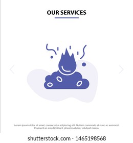 Our Services Burn, Fire, Garbage, Pollution, Smoke Solid Glyph Icon Web card Template. Vector Icon Template background