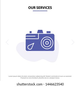 Our Services Camera, Education, Image, Picture Solid Glyph Icon Web card Template