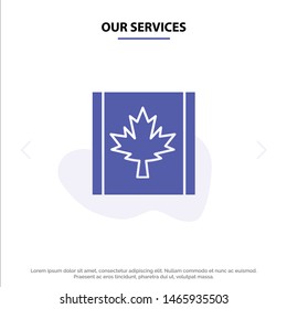 Our Services Canada, Flag, Leaf Solid Glyph Icon Web card Template. Vector Icon Template background