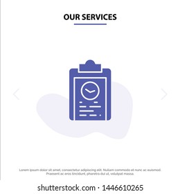 Our Services Clipboard, Coach, Plan, Progress, Training Solid Glyph Icon Web card Template