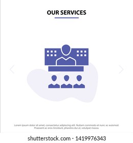Our Services Conference, Business, Call, Connection, Internet, Online Solid Glyph Icon Web card Template