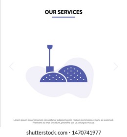 Our Services Construction, Shovel, Tools Solid Glyph Icon Web card Template. Vector Icon Template background