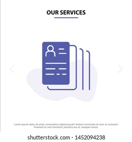 Our Services Document, Find, Job, Search Solid Glyph Icon Web card Template