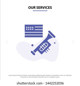 Our Services Flag, Speaker, Laud, American Solid Glyph Icon Web card Template