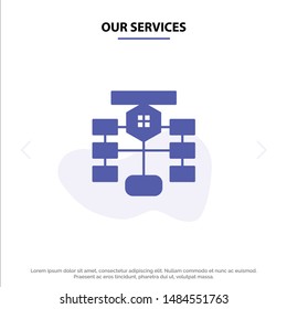Our Services Flowchart, Flow, Chart, Data, Database Solid Glyph Icon Web card Template. Vector Icon Template background