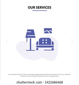 Our Services Lump, Room, Sofa, Gallery Solid Glyph Icon Web card Template