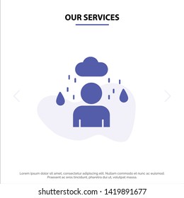 Our Services Man, Cloud, Rainy Solid Glyph Icon Web card Template