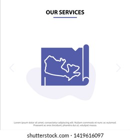 Our Services Map, World, Canada Solid Glyph Icon Web card Template