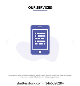 Our Services Mobile, Read, Data, Secure, E learning Solid Glyph Icon Web card Template. Vector Icon Template background