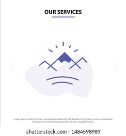 Our Services Mountains, River, Sun, Canada Solid Glyph Icon Web card Template. Vector Icon Template background