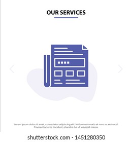 Our Services Newspaper, Ad, Paper, Headline Solid Glyph Icon Web card Template