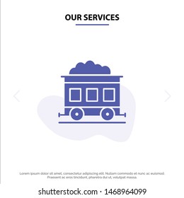 Our Services Pollution, Train, Transport Solid Glyph Icon Web card Template. Vector Icon Template background