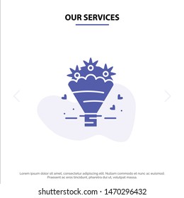 Our Services Pop cone, Love, Heart, Wedding Solid Glyph Icon Web card Template. Vector Icon Template background