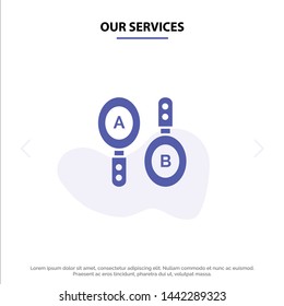 Our Services Research, Search, Sign, Computing Solid Glyph Icon Web card Template