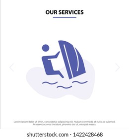 Our Services Surfer, Surfing, Water, Wind, Sport Solid Glyph Icon Web card Template