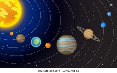 Our solar system, light starts and universe on dark background. vector illustration