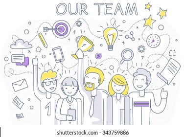 Our success team linear design. Teamwork and business team, our team business, office team, business success, work people, company and leadership, businessman and worker, resource office illustration