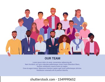 Our team background concept. Vector illustration of group diverse business people and company members, standing behind the place for your text. Isolated on white.