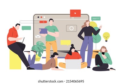 Our team, business team people, digital agency crew working flat vector illustration design. Creative working environment for businesswomen and businessmen