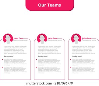 Our team company presentation template, with sample text about team member background, ruby color theme accent