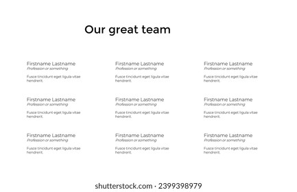 Our team company presentation template, with sample text about team member background