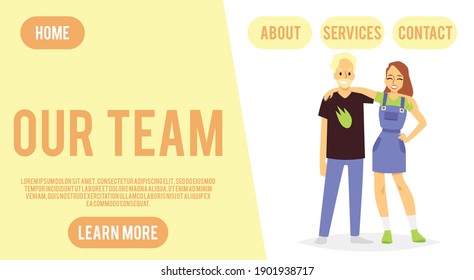 Our team company website banner concept with colleagues by work, flat vector illustration. Teamwork and business collaboration webpage interface template.