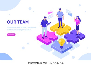 Our team concept with puzzle. Can use for web banner, infographics, hero images. Flat isometric vector illustration isolated on white background.