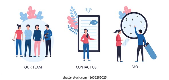 Our team, contact us, FAQ. Concepts for web site, landing page, templates, banners. Support service, dispatcher, hotline. Flat vector illustration isolated on white background.