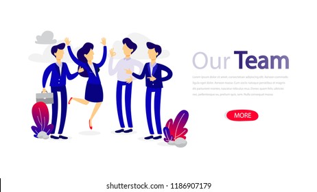 Our team design horizontal banner template for web page. Responsive design for website. Responsive app design. Contact us and learn more. Isolated flat vector illustration