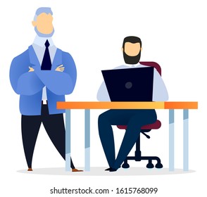 Our team get best service man colleague communicating with computer. Worker sitting at desktop and using laptop on workplace. Business startup of employees and teamwork cooperation for success vector