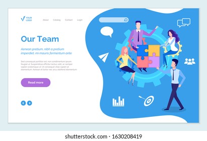 Our team get best service online. Teamwork man and woman characters for business success. Colleagues male and female work together. Website or webpage template, landing page flat style vector