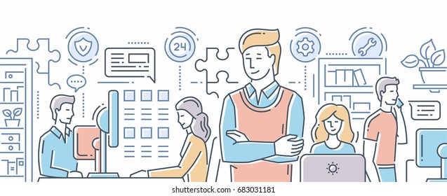 Our Team - Illustration of vector modern line flat design composition. Males and females at their work places. Office life, customer technical support service