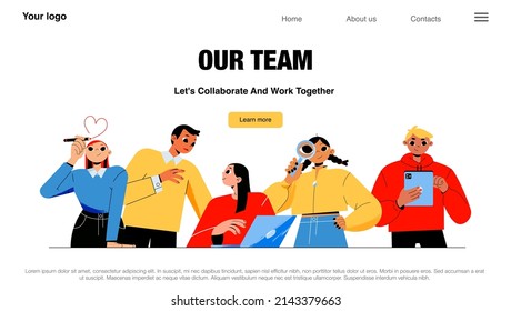 Our team landing page, business characters company employees portraits, staff presentation. Office people with loupe, devices, laptop and stationery work together, Line art flat vector web banner