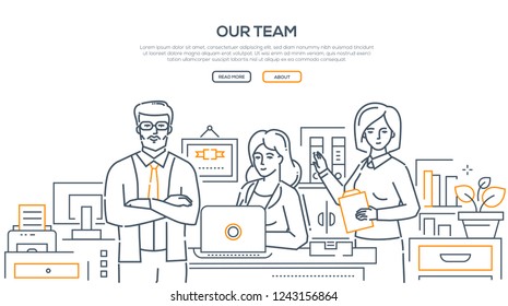 Our Team - Modern Line Design Style Banner On White Background With Copy Space For Your Text. Business People, Colleagues, Staff Posing At Their Work Place In The Office. Corporate Relations Concept