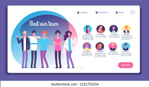 Our team page. Staff organization structure. About us webpage with professional avatars, male female bright faces. Vector template